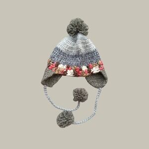 Handmade Crochet Earflap Beanie Pom Pom Boho Gorpcore Grey Multi Knit Hat OS